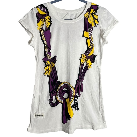 Miu miu graphic tshirt white purple yellow ribbon print women’s size small - Picture 1 of 4